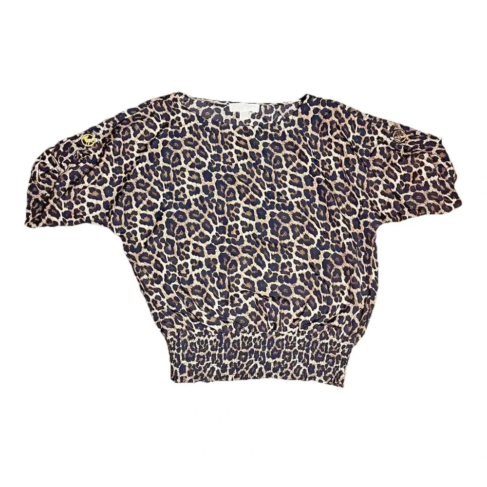 Michael Kors Smocked Y2K Leopard Print Blouse Shirt Animal Print Top Small EUC